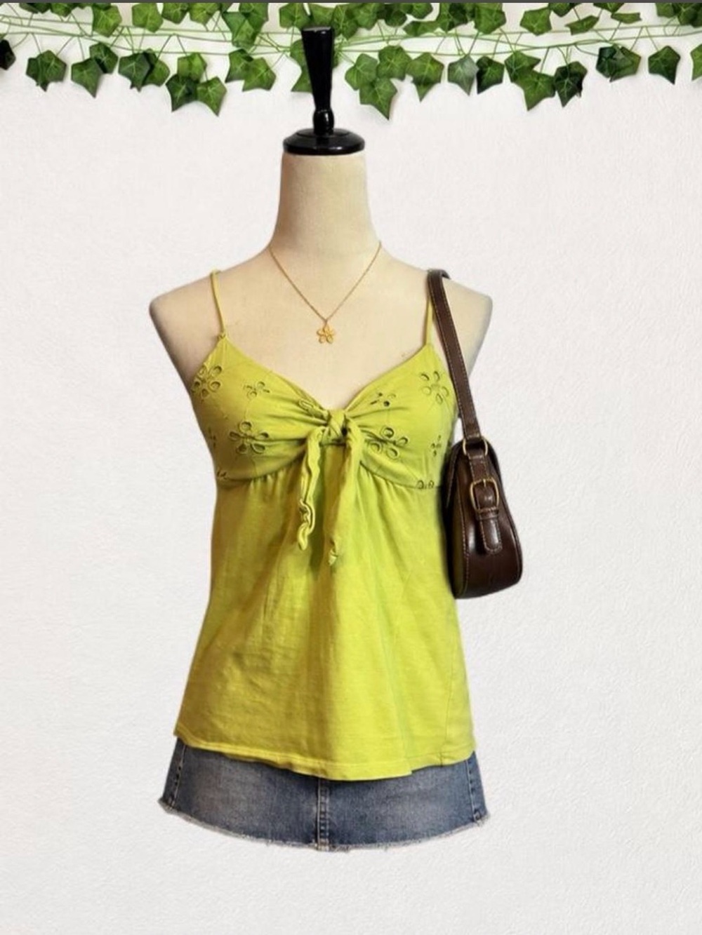 Maurices Chartreuse Lime Green Eyelet Babydoll Cami S Tie Front Cotton Tank Y2K